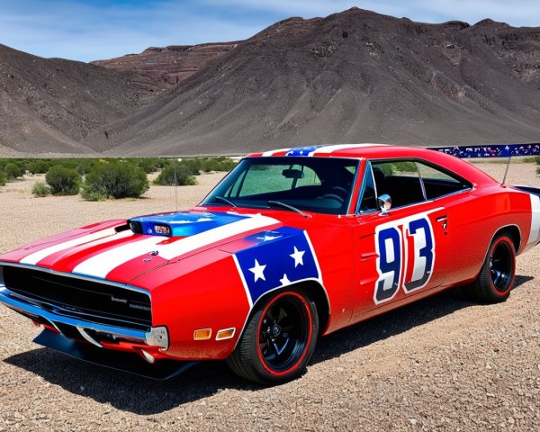 Vibrant Red Classic Muscle Car in Desert Setting