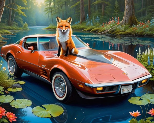 Vintage Sports Car by Serene Lake with Lush Nature