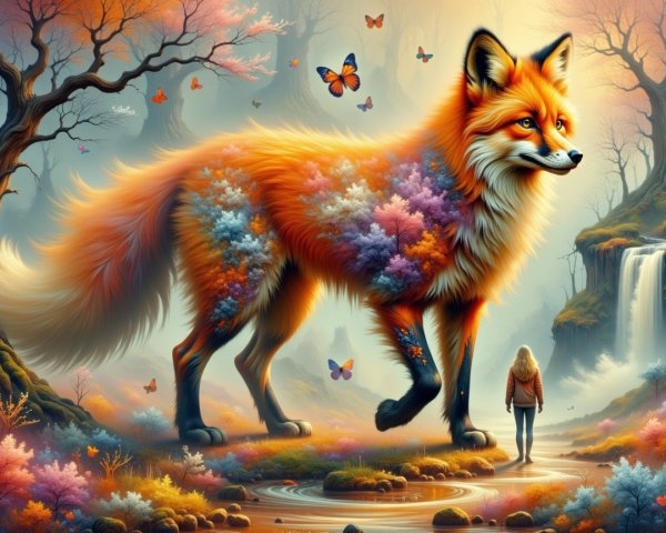 Giant Colorful Fox by a Serene Stream with Butterflies