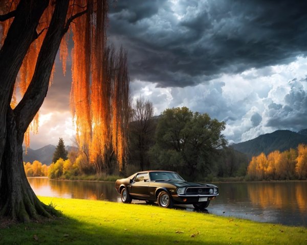 Classic Black Mustang by Serene River in Autumn
