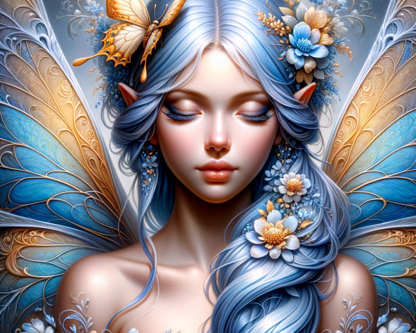 Ethereal Angelic Girl with Blue Hair and Wings