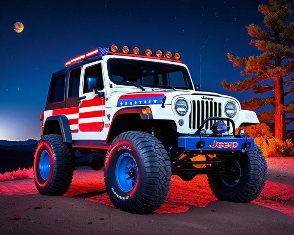 Modified Jeep with Patriotic Color Scheme at Twilight