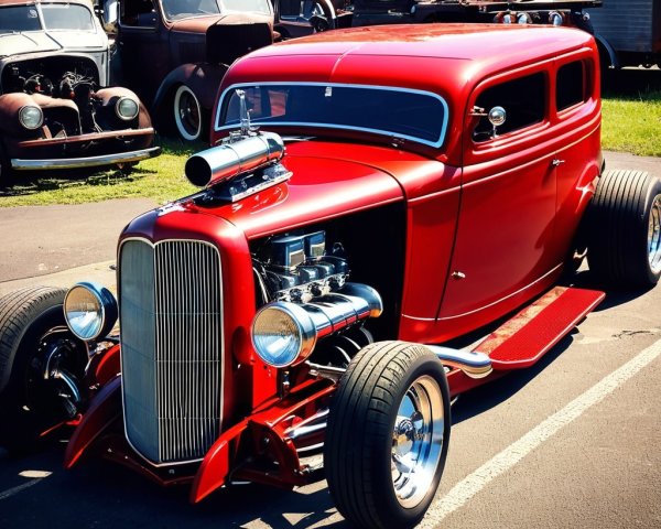Classic Red Hot Rod with Chrome Details and Supercharger