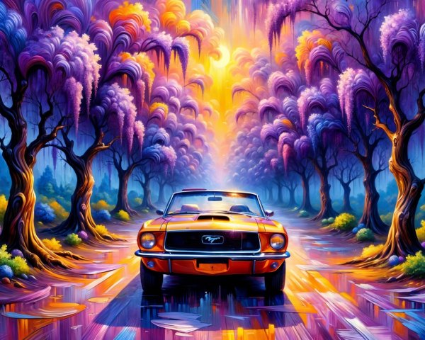 Surreal Landscape with Orange Convertible and Purple Trees