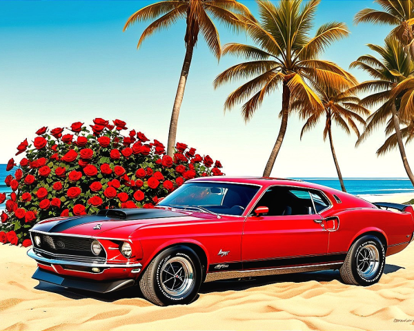 1969 Ford Mustang Mach 1 at a Beach with Palm Trees