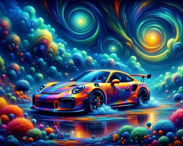 Psychedelic Scene with Orange Sports Car in Dreamlike Landscape