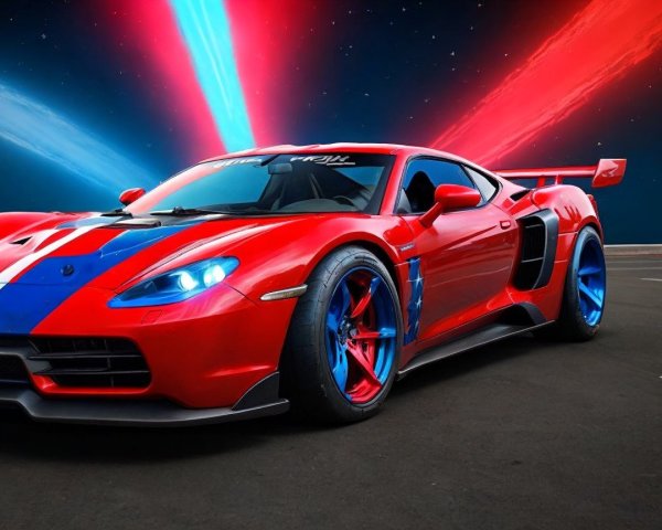 Red Sports Car with Blue and White Racing Stripes
