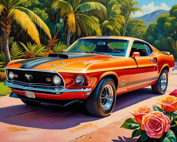 1969 Ford Mustang in Vibrant Orange on Tropical Street