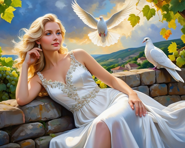 Serene scene of a woman in a white gown with doves