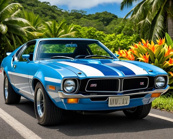 Classic Blue Sports Car on Tropical Road with Greenery