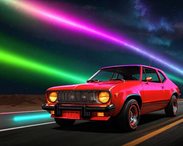 Vibrant Pink Retro Car on Neon-Lit Road at Night