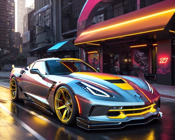 Silver Corvette C7 Stingray in Urban Neon Setting
