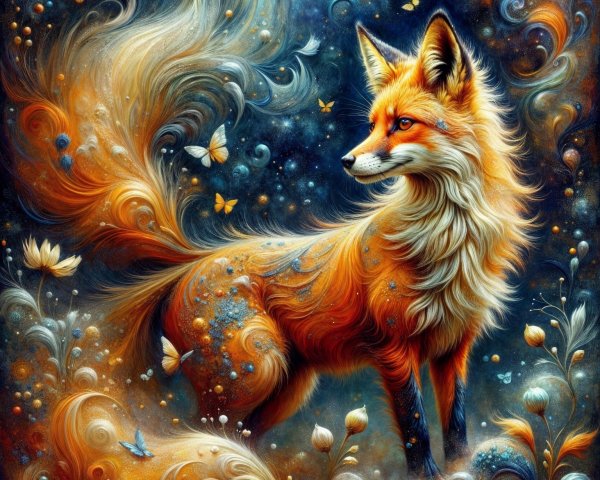 Illustration of a fox with ornate fur and butterflies