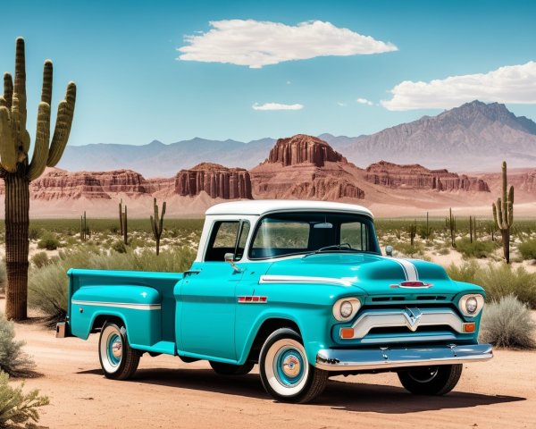 Vintage turquoise pickup truck in desert landscape