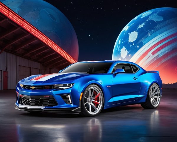 Blue Chevrolet Camaro with Racing Stripes Under Stars