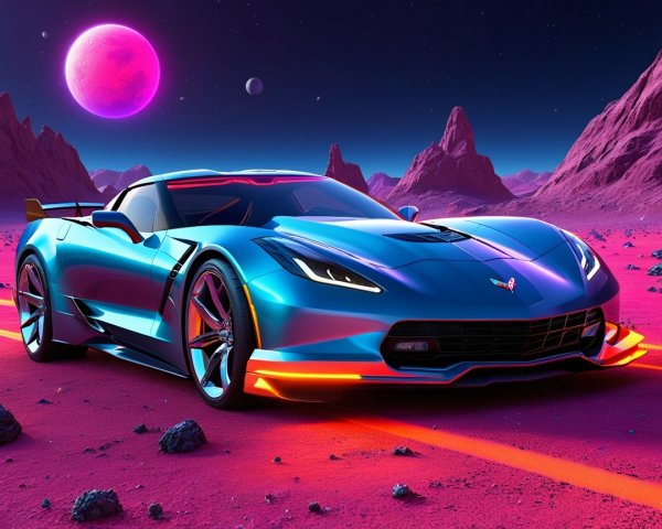 Futuristic Scene with Sleek Sports Car and Surreal Landscape