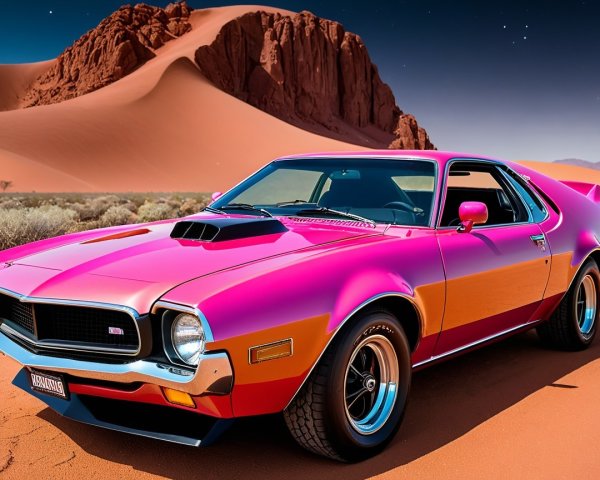 1970s Sports Car Against Desert Landscape at Night