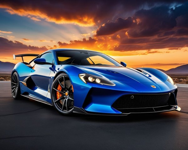 Blue Sports Car with Aerodynamic Design at Sunset