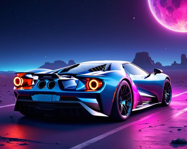 Futuristic sports car in vibrant alien landscape