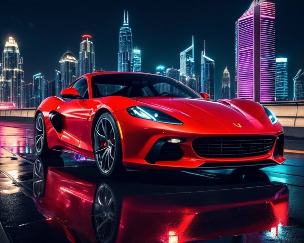 Red Sports Car Against Vibrant City Skyline at Night