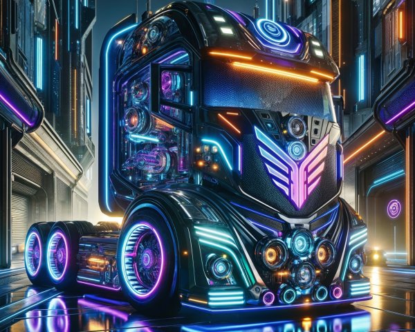 Futuristic Semi-Truck in Neon Cityscape Design