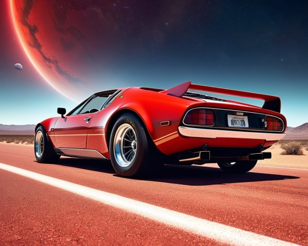 Red Sports Car on Desert Road Under Night Sky