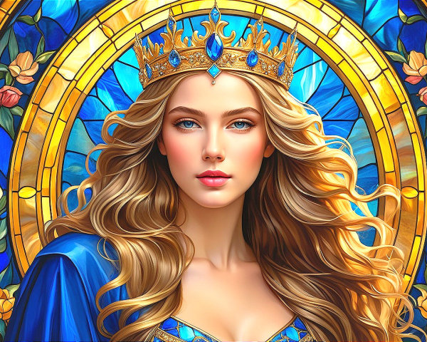 Regal figure in blue gown with stained glass backdrop