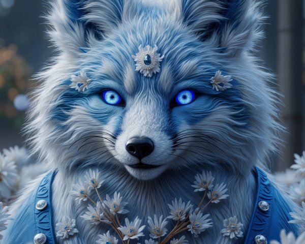 Majestic blue fox in a field of white daisies