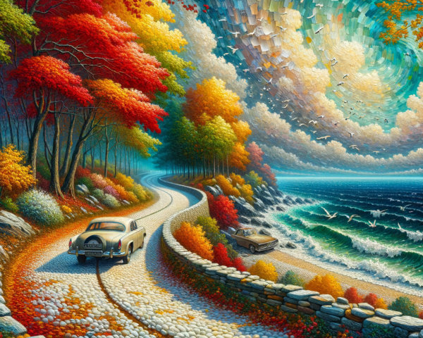 Coastal Road with Autumn Trees and Classic Cars
