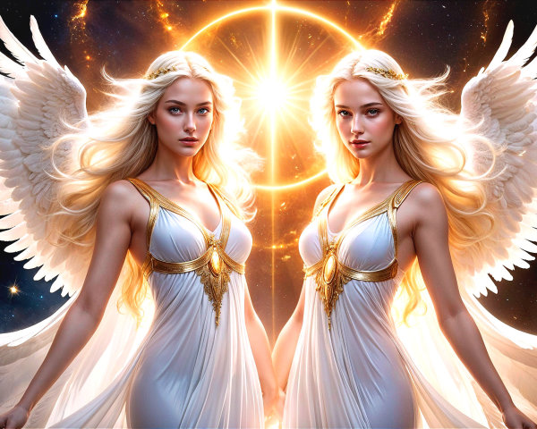 Blonde Angels in Gowns with Wings Against Cosmic Background