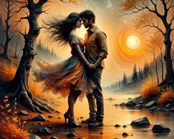 Autumn Landscape with Couple by Serene Lake