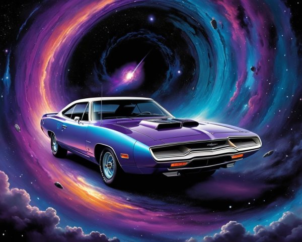 Purple Muscle Car Against Cosmic Nebula Background