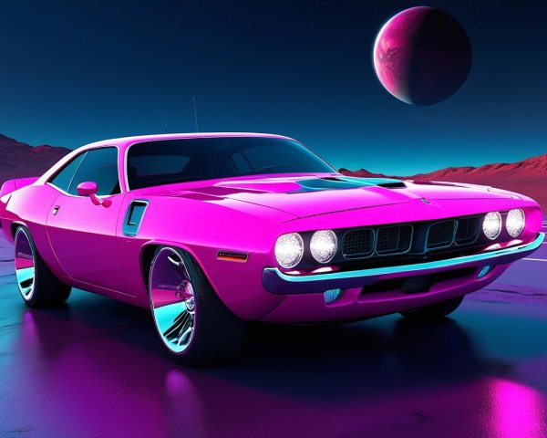 Vibrant Pink Vintage Muscle Car Under Alien Sky