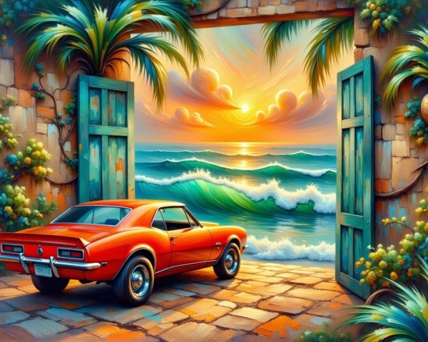 Classic Red Car by Serene Sunset Ocean Gate