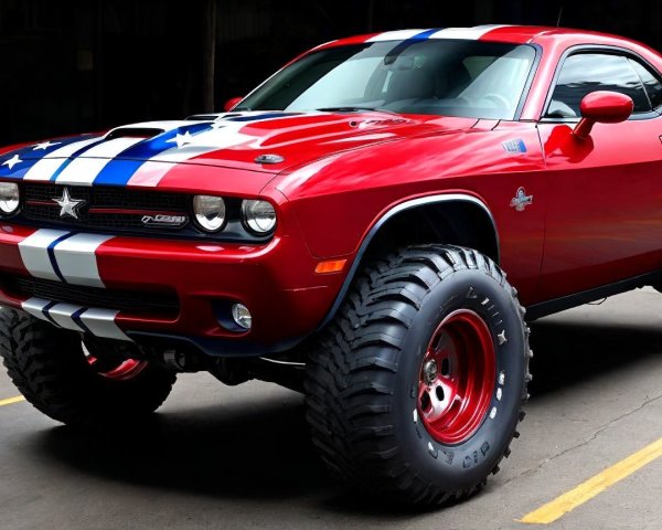 Vibrant Red Vehicle with Bold Stripes and Rugged Design