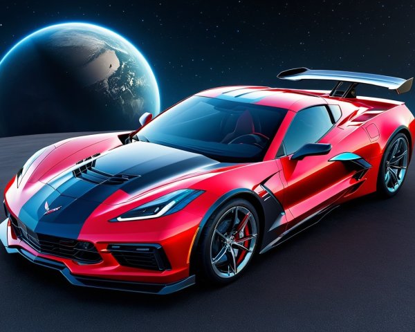 Sleek Red Sports Car in Futuristic Planetary Setting