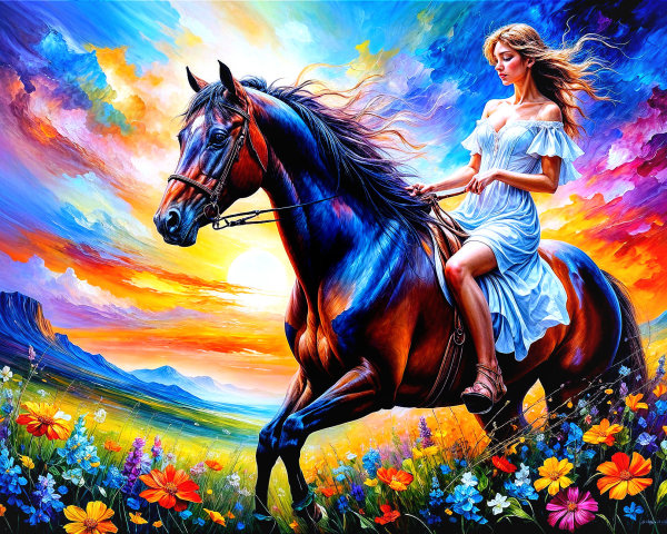 Ethereal Painting of Woman on Horse in Dreamlike Landscape