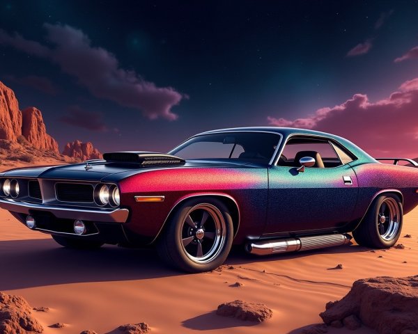 Classic Muscle Car in Surreal Desert Sunset Scene