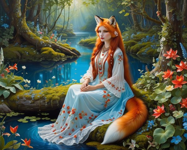 Mystical Figure by a Flower-Lined Woodland Stream