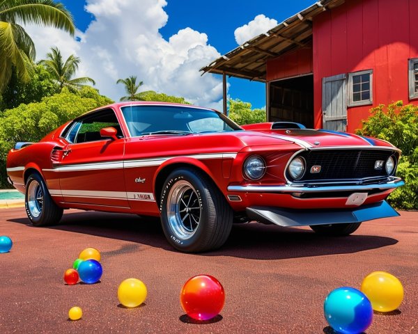 1969 Ford Mustang GT Under Blue Sky with Barn