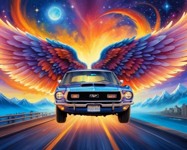 Surreal Scene of a Car with Colorful Wings in Space