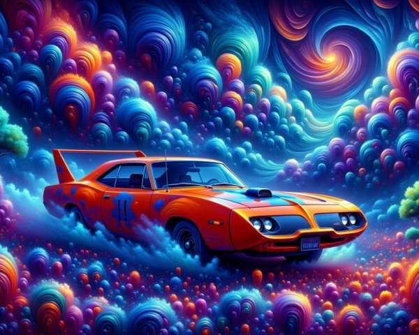 Surreal Scene of Orange Muscle Car in Dreamlike Landscape