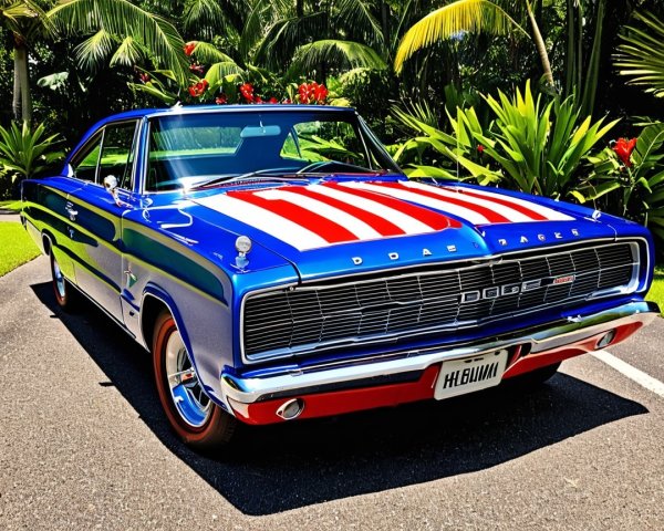 Vibrant Blue Dodge Charger with Patriotic Stripes