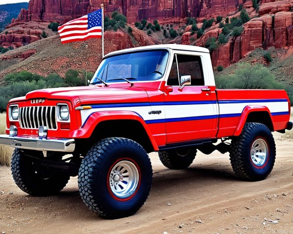 Vibrant Red Jeep Truck in Rugged Outdoor Landscape