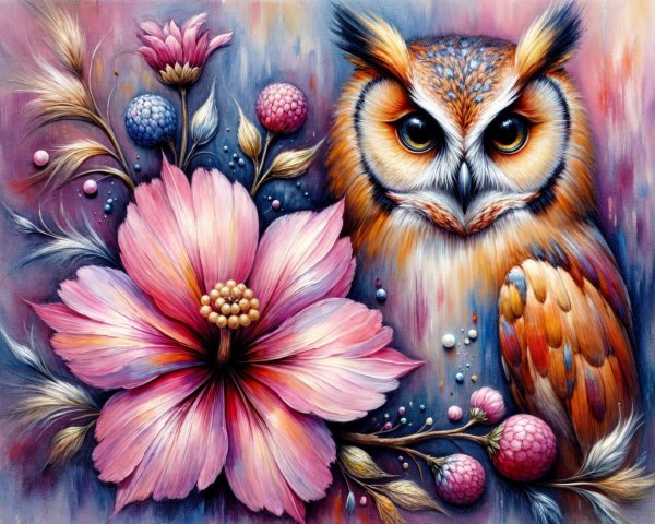 Vibrant Watercolor Owl Surrounded by Ornate Flowers