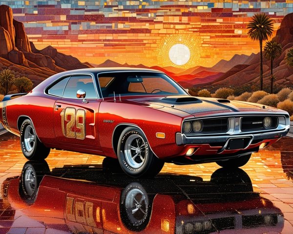Vintage Muscle Car Against Sunset with Desert Landscape