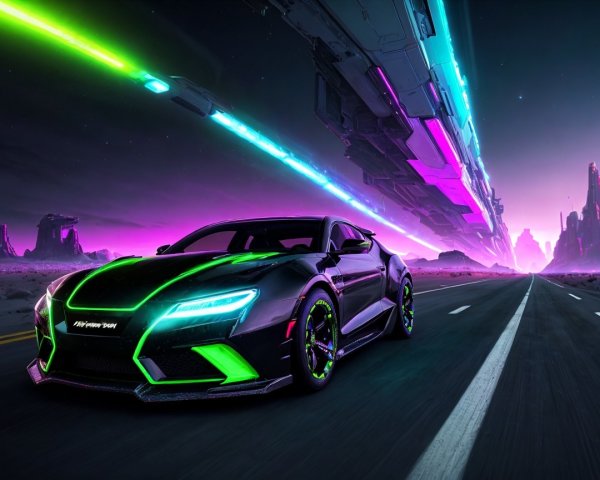 Futuristic car and spaceship in alien landscape scene