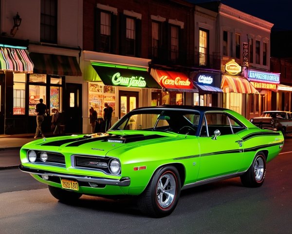 Vibrant Green Classic Muscle Car on Lively Street