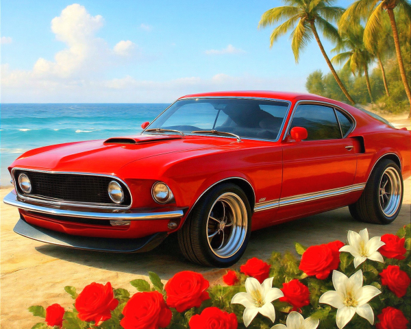 1969 Ford Mustang Mach 1 on a beach with ocean view