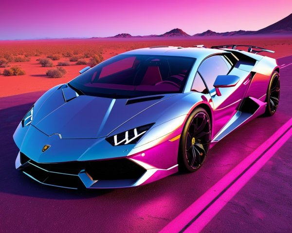 Futuristic supercar with chrome finish at sunset